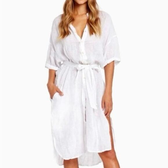 VITAMIN A Playa Linen Shirt Dress Shell Buttons Off-White Metallic Silver - L - Picture 9 of 9